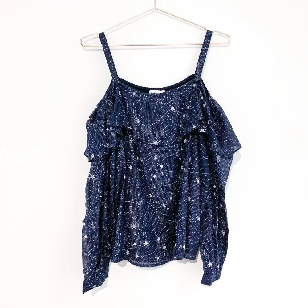 NWT Floreat Anthropologie Navy Blue Metallic Silver Star Cold Shoulder Top - Picture 3 of 11